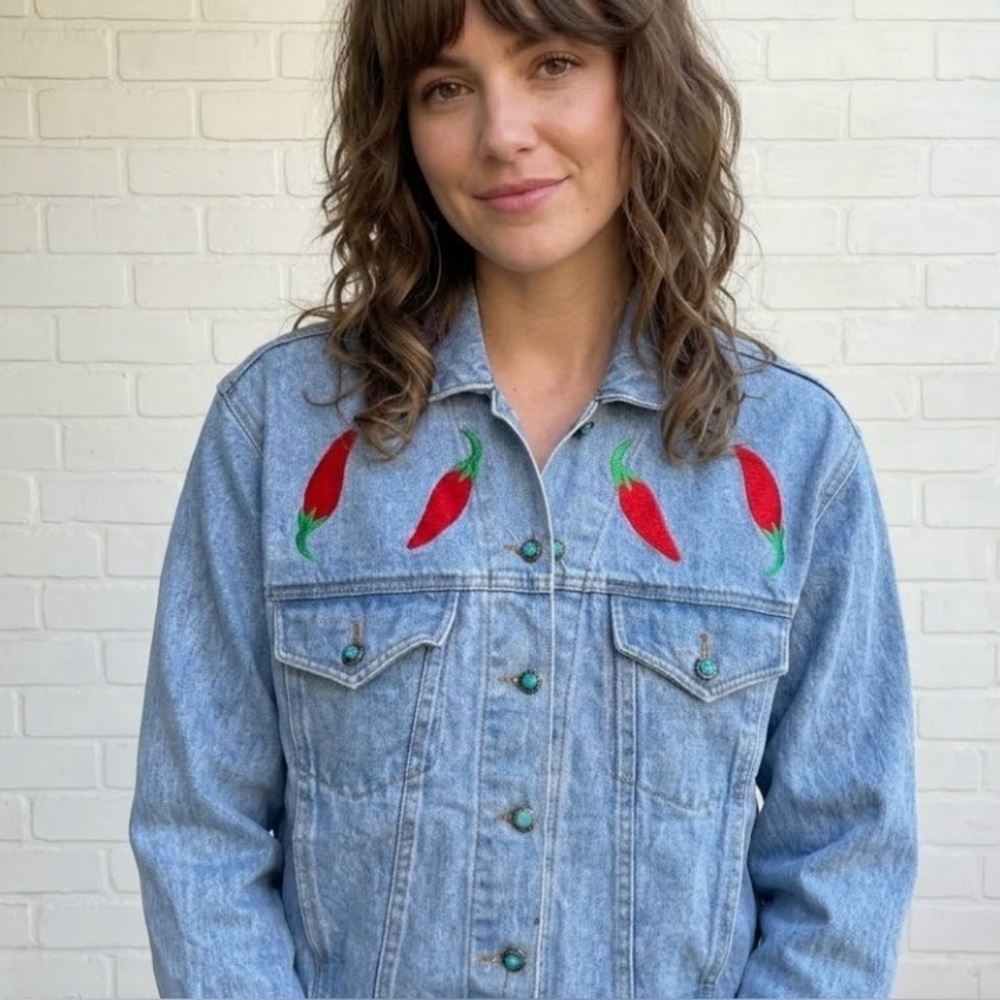Vintage Embroidered Chili Pepper Light Wash Denim Jacket artisan Upcycle